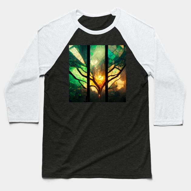 Glowing Stained Glass Green Tree Lotus Baseball T-Shirt by Moon Art